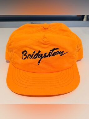 Vintage Bridgestone Tires Hat Snap Back Adjustable Neon Orange Racing 80s